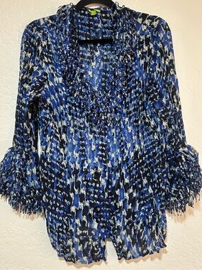 Agora Blue, Black & White Abstract Ruffle-Tier button down blouse